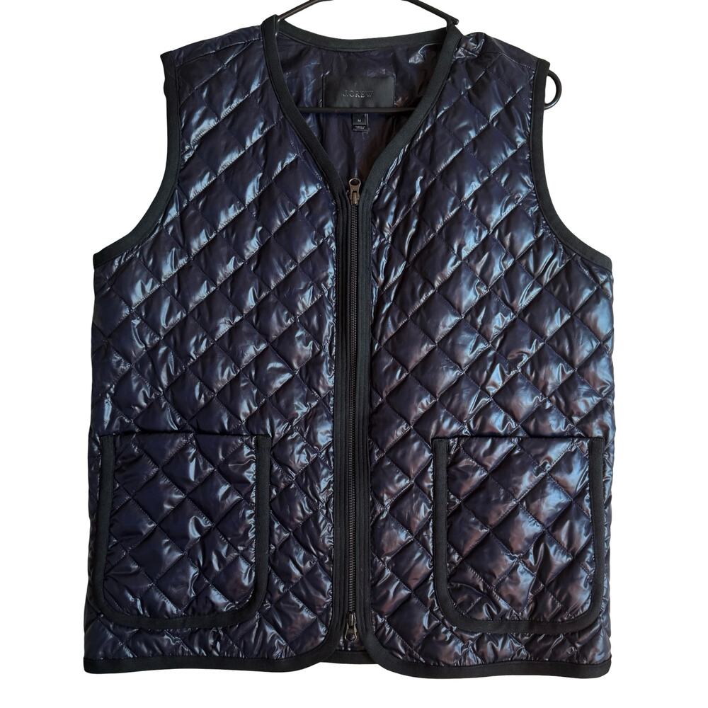 J.Crew Quilted Down Vest Navy Blue Size M Lightweight Zip Front Pockets